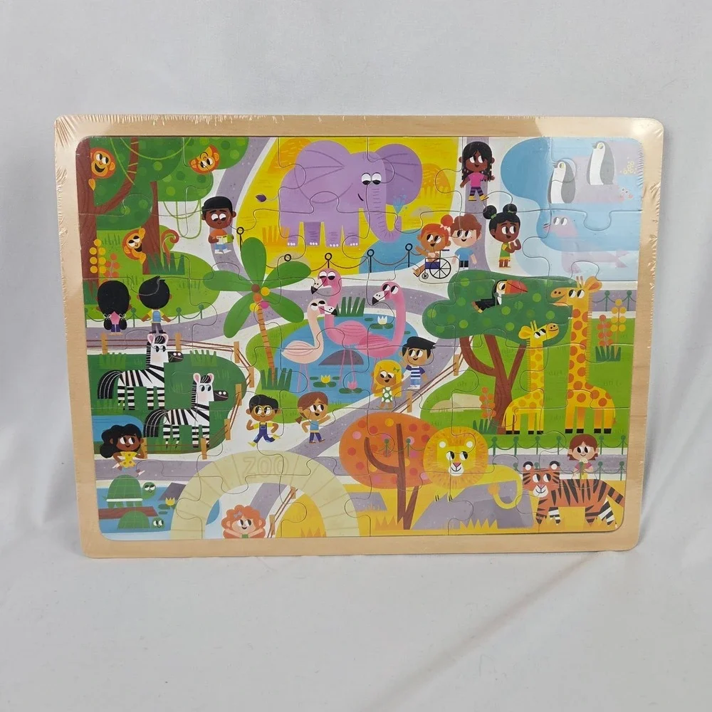 Lot 2 New Sealed 36 piece Puzzles w/ Wooden Tray Frame Zoo and Alphabet - Age 3+